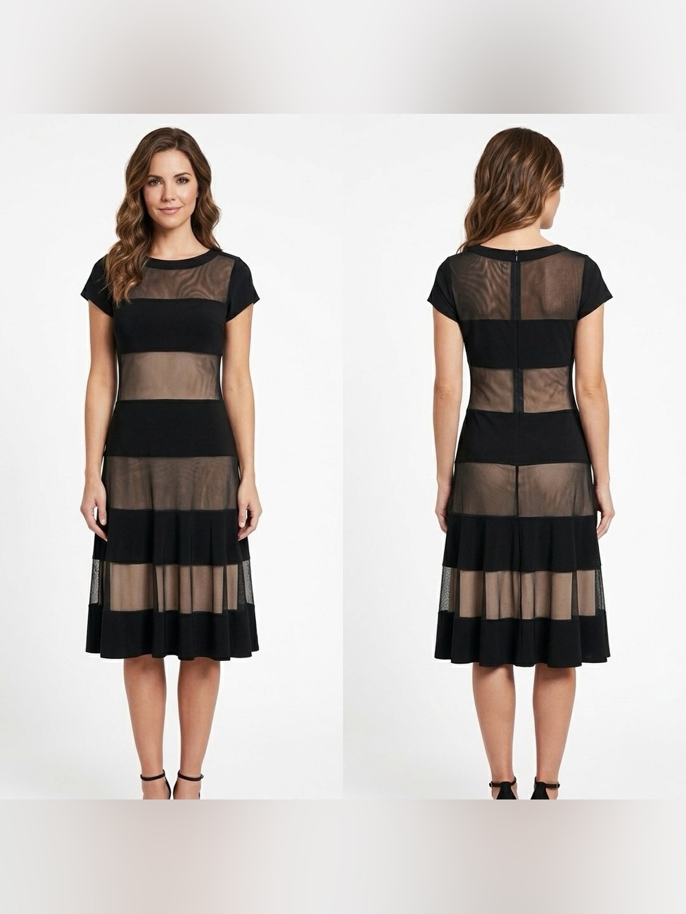 R&M Richard Women’s Elegant Black Mesh Illusion Striped Gala Midi Dress Size 12